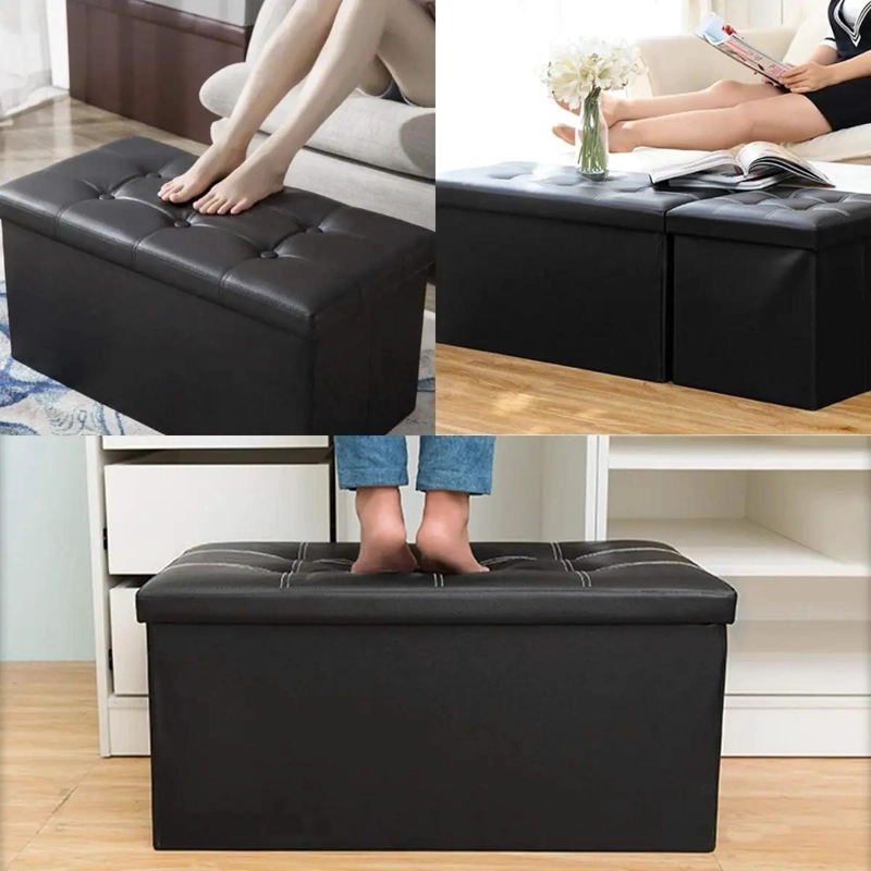 BANQUETA BAUL PLEGABLE CON TAPIZADO EN CUERO SINTE TICO NEGRO Y DIMENSIONES 76X38 - 5