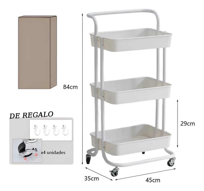 CARRITO ORGANIZADOR DE COCINA CON RUEDAS Y TRES NIVELES METALICOS - 3