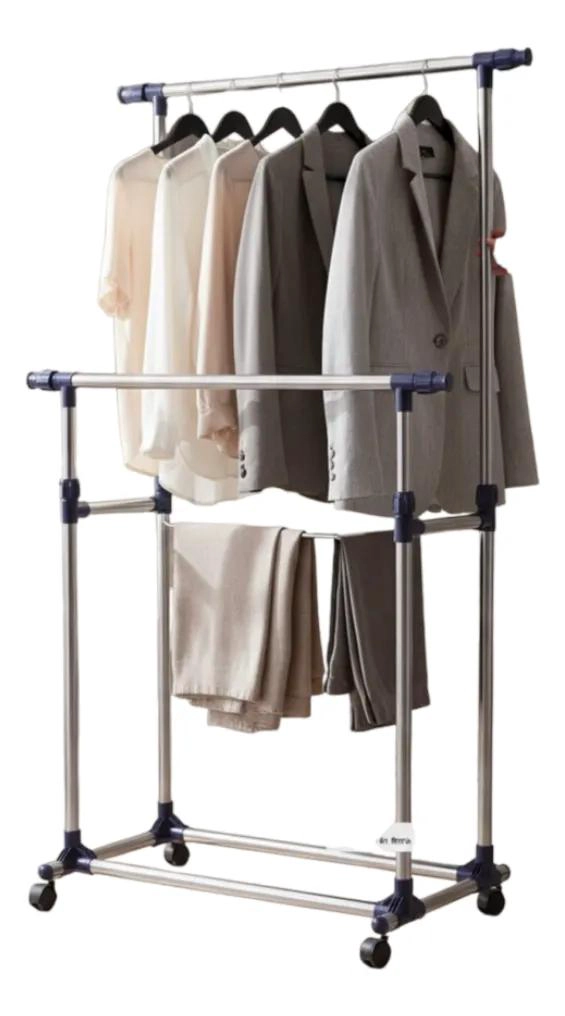 PERCHERO METALICO DOBLE CON RUEDAS PARA COLGAR ROPA Y ACCESORIOS - 1