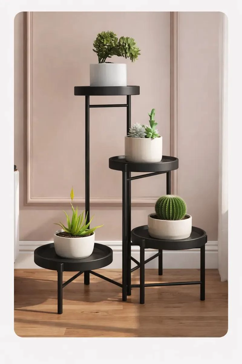 SET ORGANIZADOR CON 4 PEDESTALES Y PORTA MACETERO DESMONTABLE COLOR NEGRO - 1