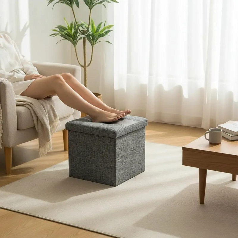 PUFF BAUL ORGANIZADOR PLEGABLE DE TELA GRIS CUADRADO CON ALMACENAMIENTO - 2