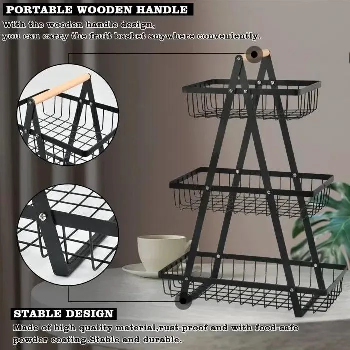 ORGANIZADOR METALICO NEGRO DE 3 NIVELES PARA COCINA Y FRUTAS - 3