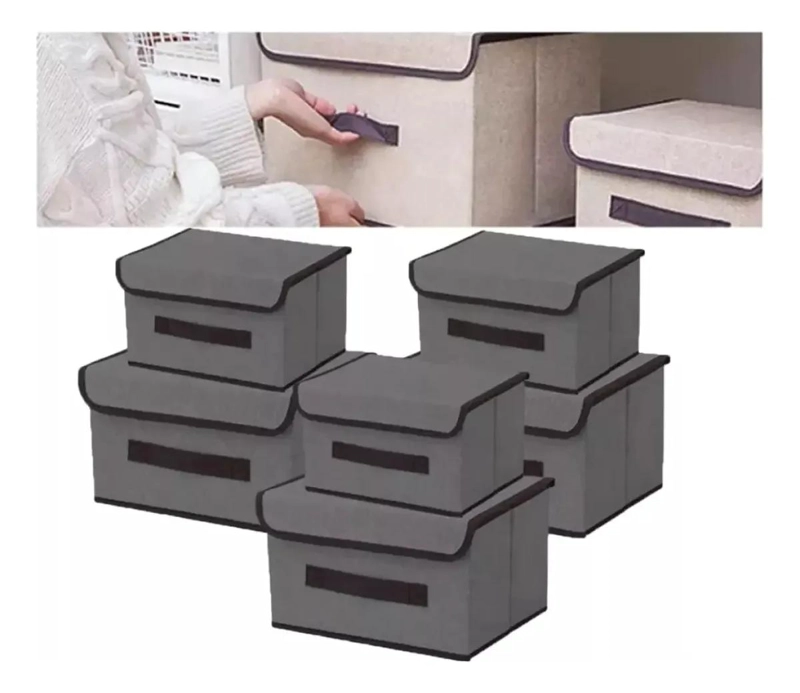 SET DE 6 CAJAS ORGANIZADORAS PLEGABLES DE TELA CON TAPA - 1
