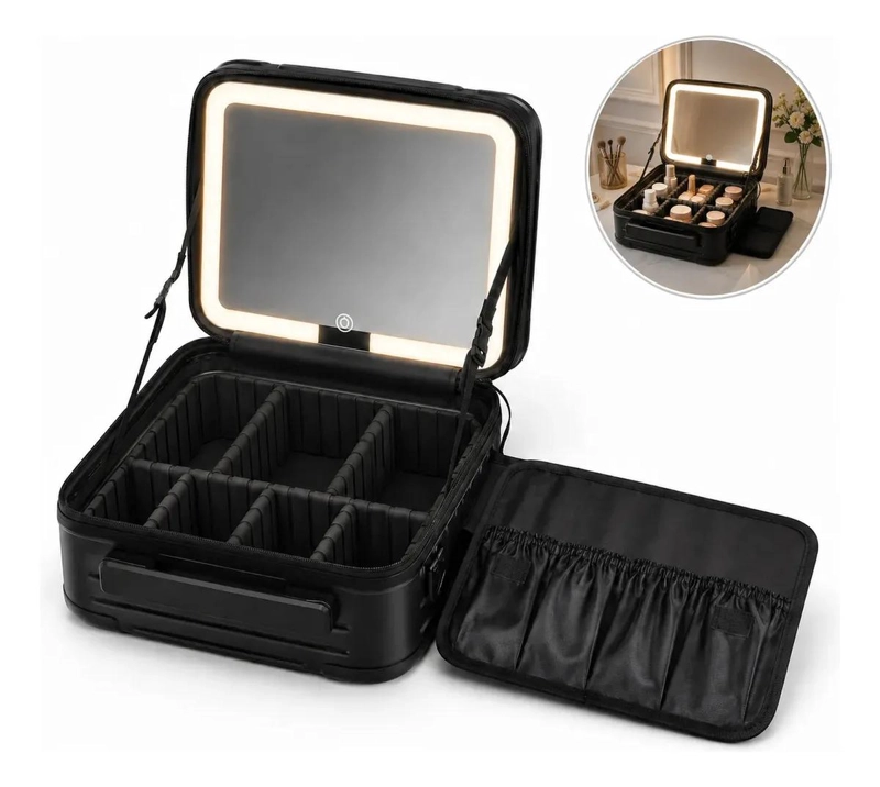 ORGANIZADOR PARA MAQUILLAJE CON ESPEJO LED REGULABLE Y COMPARTIMENTOS - 1