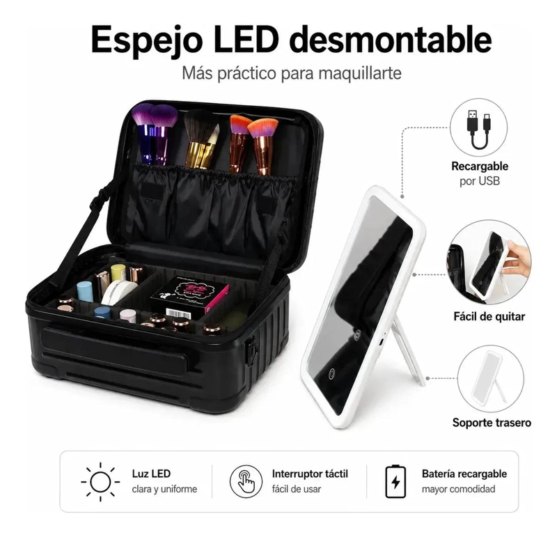 ORGANIZADOR PARA MAQUILLAJE CON ESPEJO LED REGULABLE Y COMPARTIMENTOS - 2