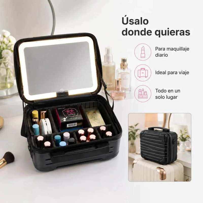 ORGANIZADOR PARA MAQUILLAJE CON ESPEJO LED REGULABLE Y COMPARTIMENTOS - 3