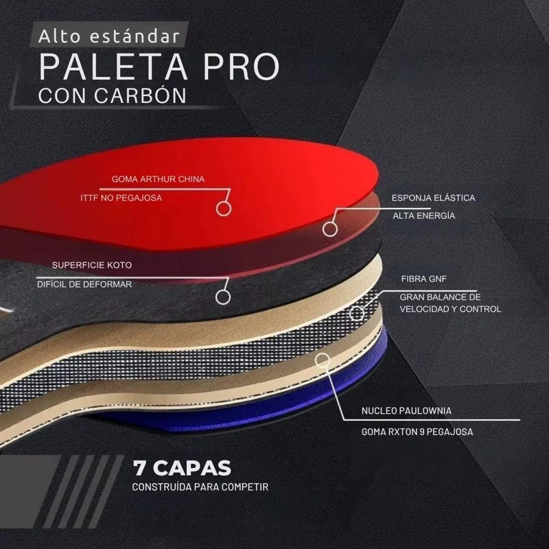 PALETA DE PING PONG PROFESIONAL CON GOMA ITTF Y FUNDA PROTECTORA - 3