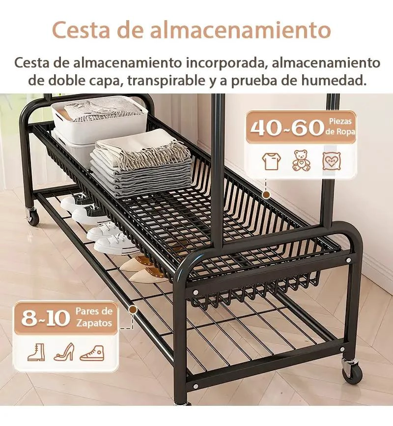 ORGANIZADOR COLGANTE PARA ROPA CON RUEDAS Y PERCHERO DE 120 CM - 3
