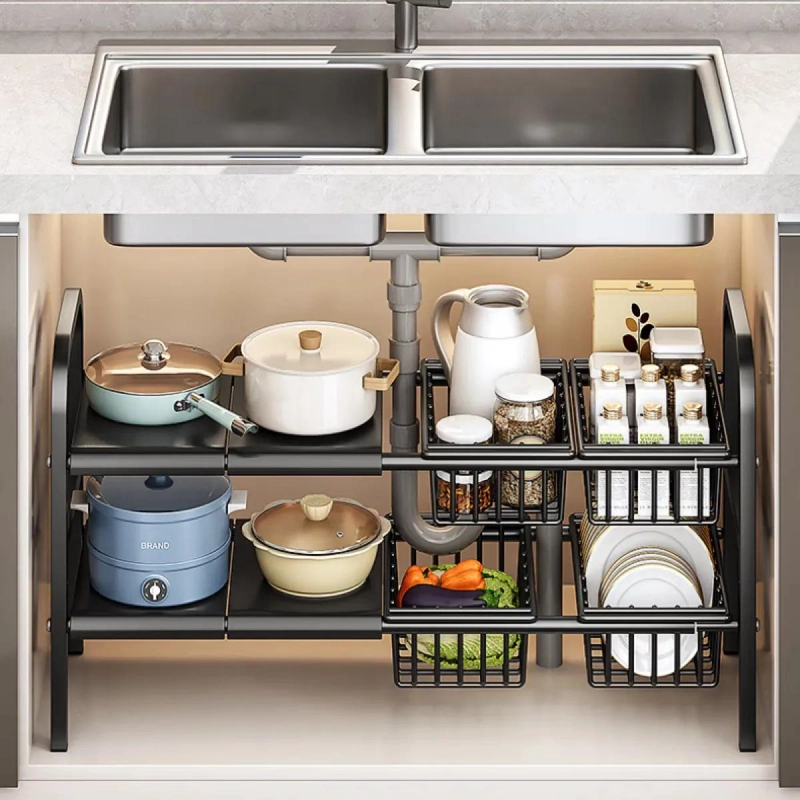 ORGANIZADOR MOVIL PARA COCINA CON 2 NIVELES Y 4 CESTAS PARA FREGADERO - 1