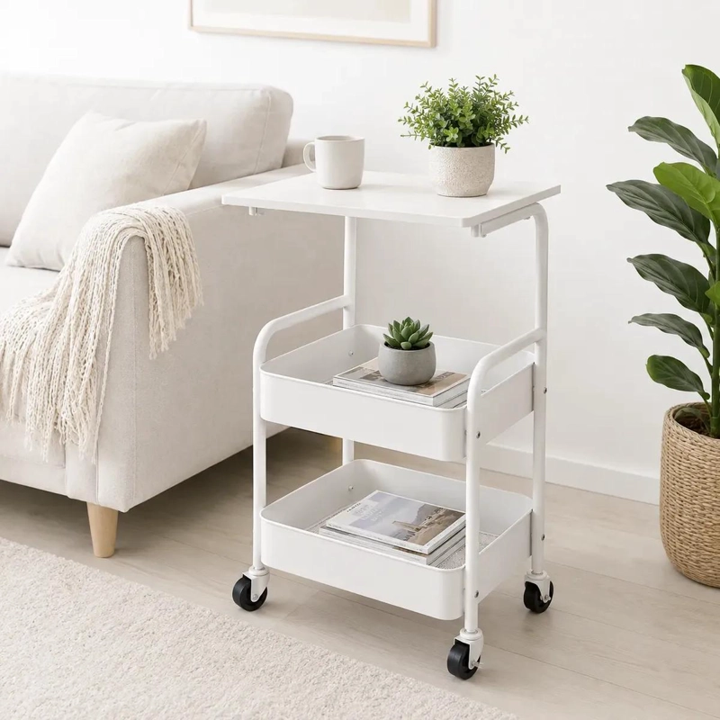 CARRITO ORGANIZADOR METALICO DE 2 NIVELES CON MESA DE MADERA BLANCA - 1