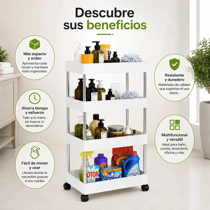 CARRITO ORGANIZADOR MULTIUSO CON 4 NIVELES Y RUEDAS PARA COCINA - 4