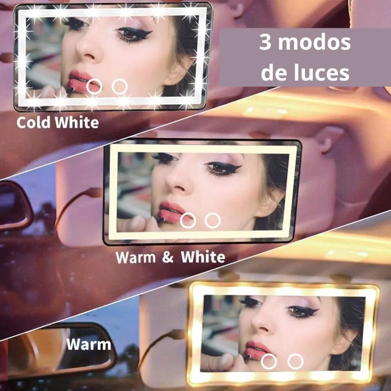 ESPEJO DE MAQUILLAJE PARA AUTO CON LUCES LED Y RECARGA TIPO C - 5
