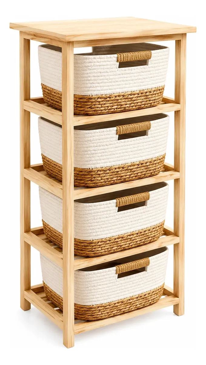 ESTANTE ORGANIZADOR DE 4 NIVELES CON CESTAS DE TEJIDO DE ALGODON NATURAL - 1