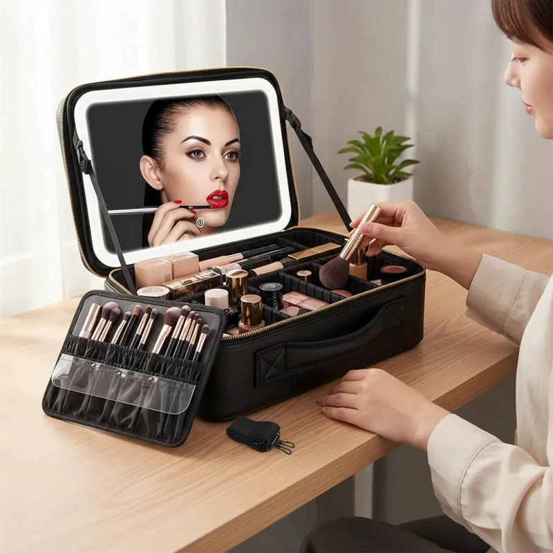 COSMETIQUERO PORTATIL CON ESPEJO Y LUZ LED FRIA PARA MAQUILLAJE - 3