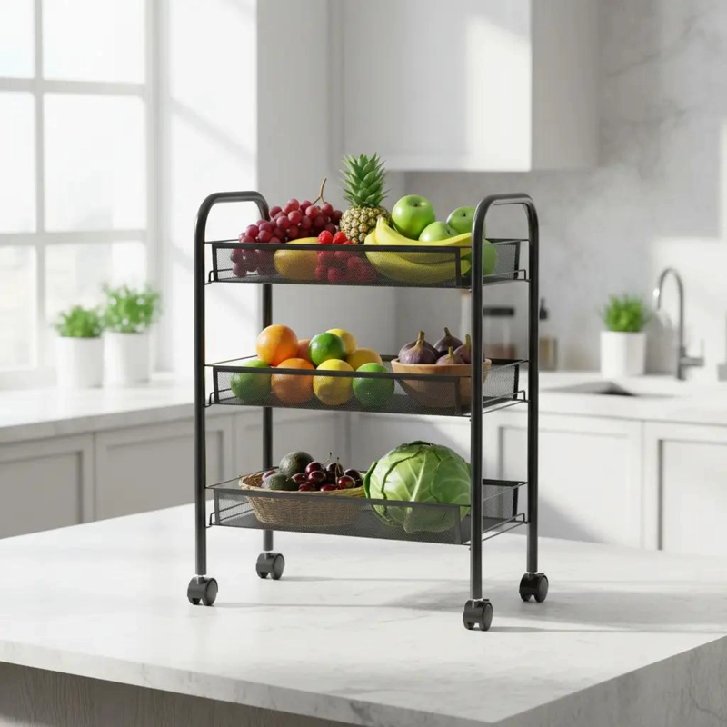 ORGANIZADOR DE VERDURAS Y FRUTAS CON 3 ESTANTES Y RUEDAS EN COLOR NEGRO - 1