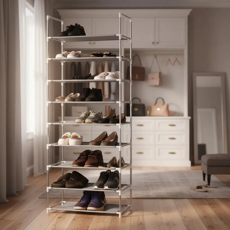 PERCHERO ORGANIZADOR PARA 27 PARES CON 9 NIVELES EN METAL Y PLASTICO GRIS - 1