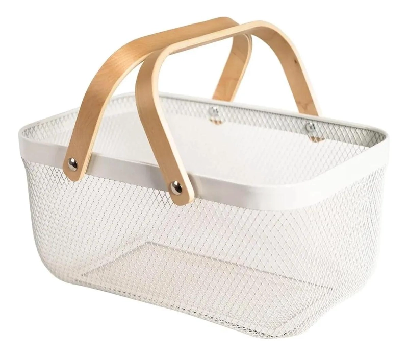 CESTA METALICA ORGANIZADORA PARA COCINA CON ASA DE MADERA COLOR BLANCO - 1