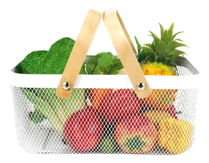 CESTA METALICA ORGANIZADORA PARA COCINA CON ASA DE MADERA COLOR BLANCO - 2