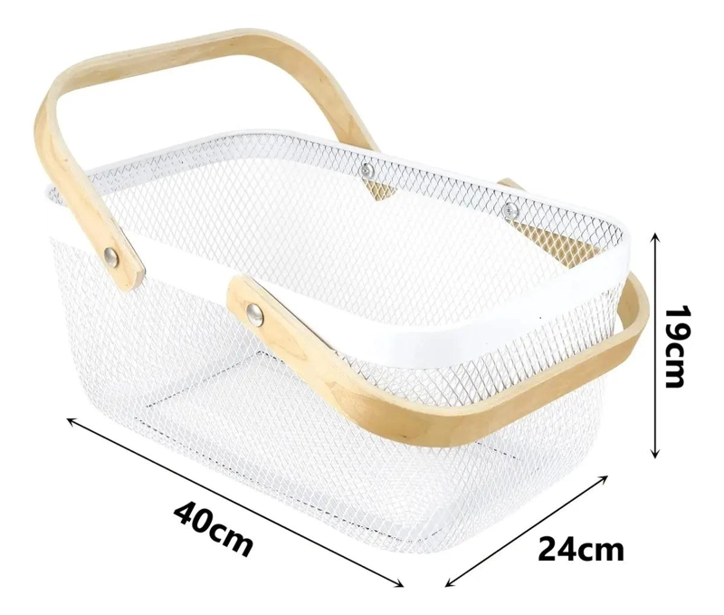 CESTA METALICA ORGANIZADORA PARA COCINA CON ASA DE MADERA COLOR BLANCO - 3