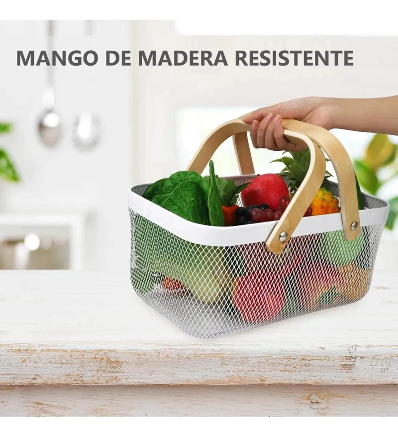 CESTA METALICA ORGANIZADORA PARA COCINA CON ASA DE MADERA COLOR BLANCO - 4