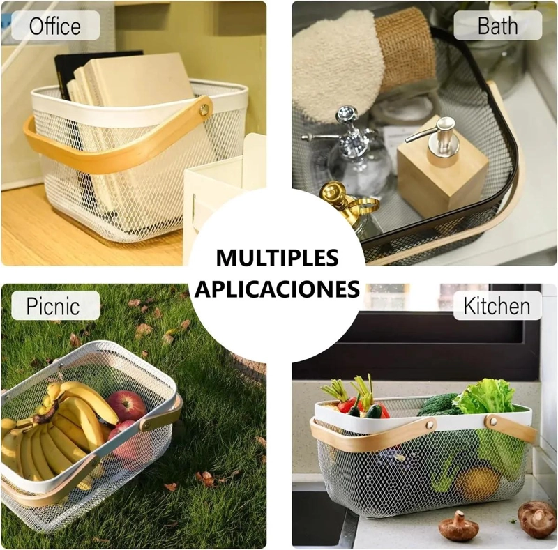 CESTA METALICA ORGANIZADORA PARA COCINA CON ASA DE MADERA COLOR BLANCO - 5