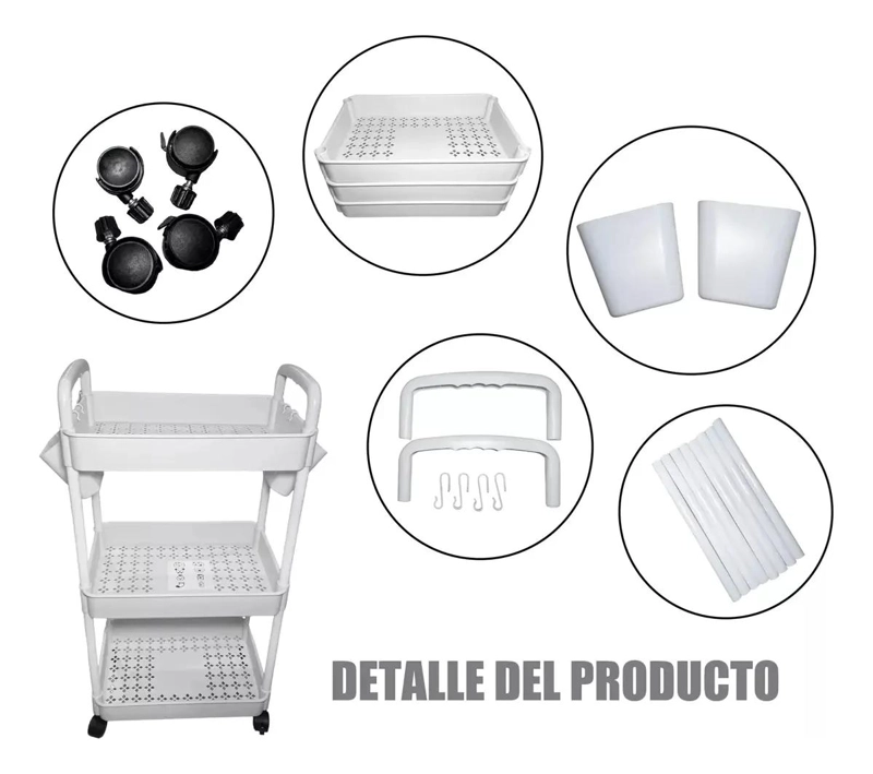 CARRITO ORGANIZADOR MULTIUSO CON RUEDAS Y ASAS DE 3 NIVELES BLANCO - 2