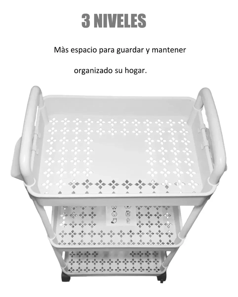 CARRITO ORGANIZADOR MULTIUSO CON RUEDAS Y ASAS DE 3 NIVELES BLANCO - 3