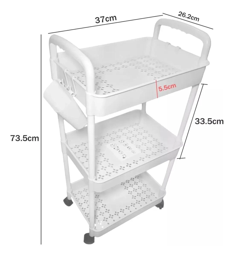 CARRITO ORGANIZADOR MULTIUSO CON RUEDAS Y ASAS DE 3 NIVELES BLANCO - 5