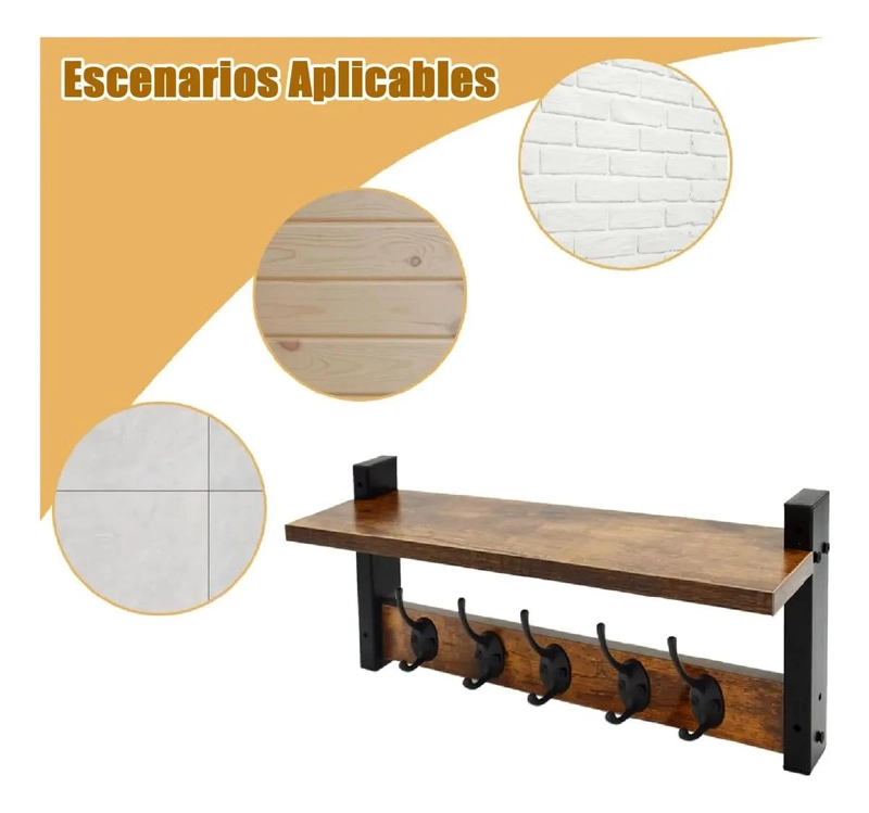 ESTANTE DE PARED CON PERCHERO Y REPISA COLOR MARRON PARA ORGANIZACION - 4