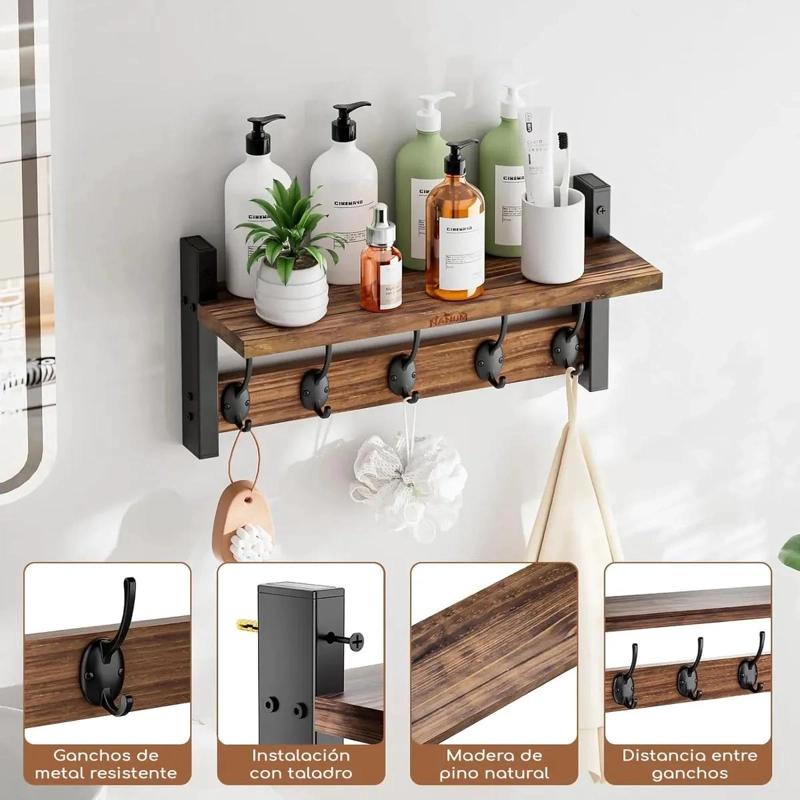 REPISA PERCHERO ESTANTE DE PARED ESTANTERIA COLOR MARRON ROBUSTA - 2