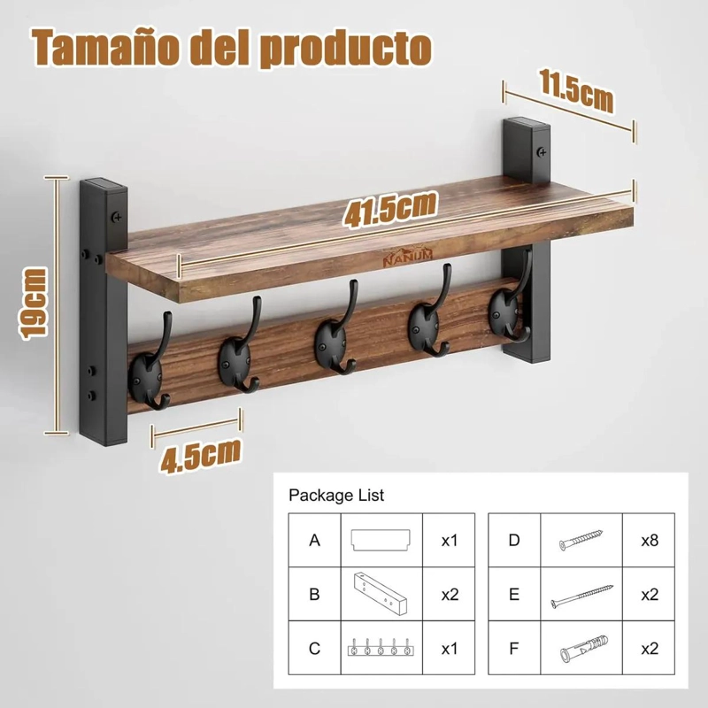 REPISA PERCHERO ESTANTE DE PARED ESTANTERIA COLOR MARRON ROBUSTA - 4