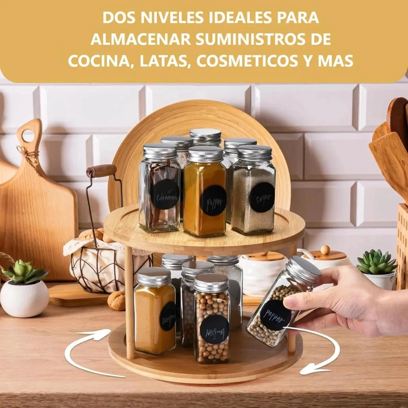 ESTANTE GIRATORIO DE BAMBU CON 2 NIVELES PARA COCINA Y ORGANIZACION - 2