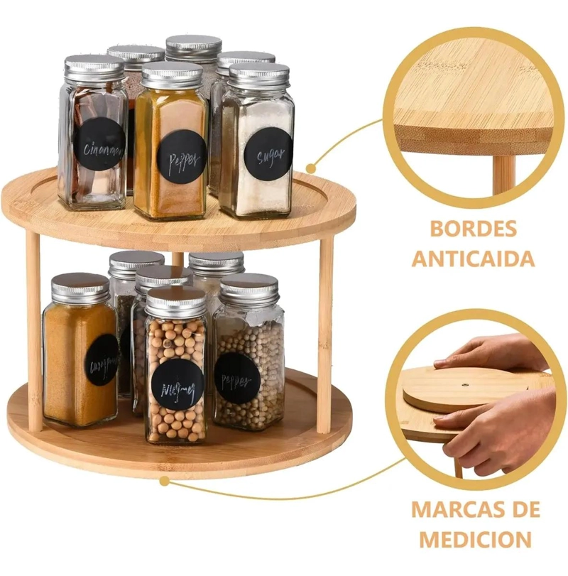 ESTANTE GIRATORIO DE BAMBU CON 2 NIVELES PARA COCINA Y ORGANIZACION - 4