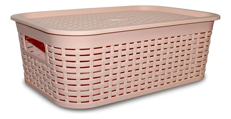 CAJA ORGANIZADORA DE RATAN COLOR ROSA CLARO CON CAPACIDAD DE 13 LITROS - 1