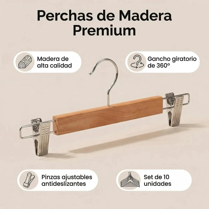 SET DE 10 COLGADORES DE MADERA CON PINZAS PARA ROPA - 2