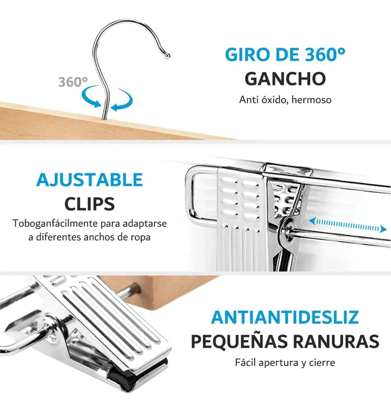 SET DE 10 COLGADORES DE MADERA Y METAL CON PINZAS PARA ROPA - 4