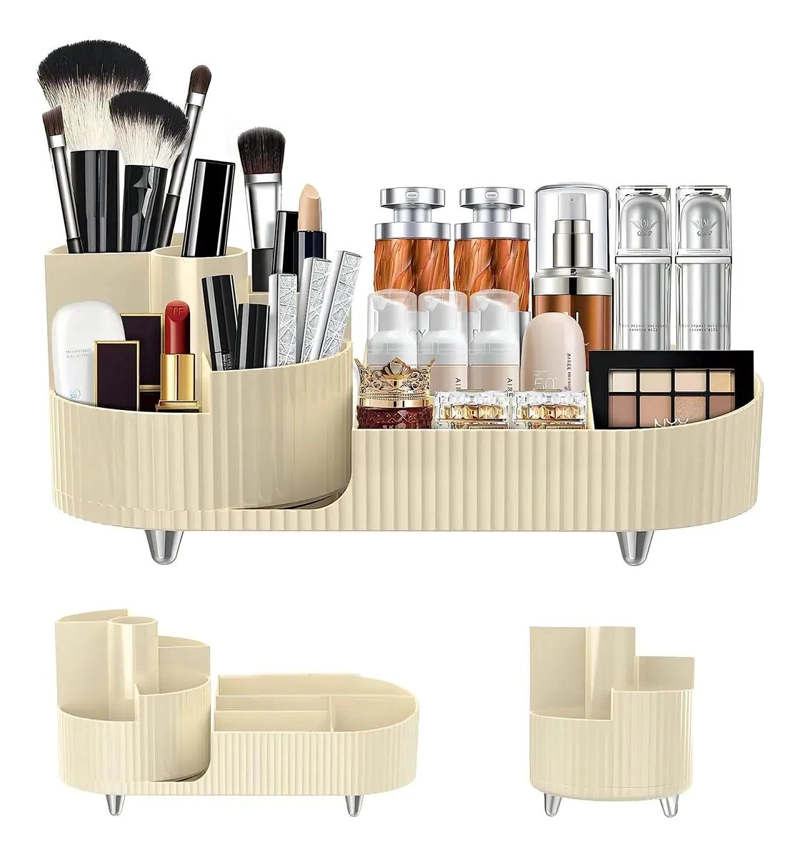 ORGANIZADOR GIRATORIO PARA MAQUILLAJE COLOR BEIGE CON 8 COMPARTIMENTOS - 1