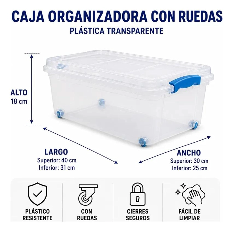 CAJA ORGANIZADORA PLASTICA TRANSPARENTE CON RUEDAS CAPACIDAD 15 LITROS - 2