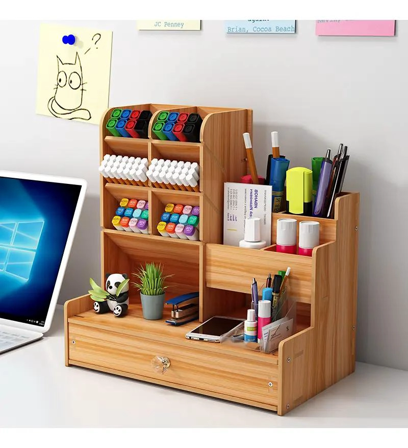 ORGANIZADOR DE ESCRITORIO EN MADERA CON COMPARTIMENTOS MULTIPLES 26X25X15 CM - 1