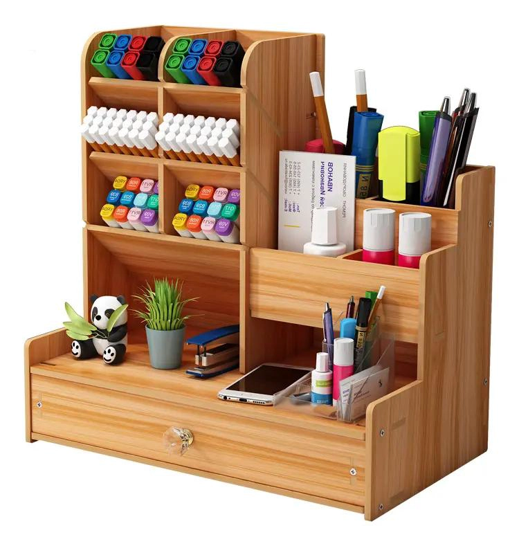 ORGANIZADOR DE ESCRITORIO EN MADERA CON COMPARTIMENTOS MULTIPLES 26X25X15 CM - 2