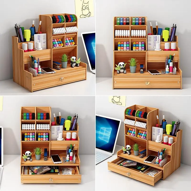 ORGANIZADOR DE ESCRITORIO EN MADERA CON COMPARTIMENTOS MULTIPLES 26X25X15 CM - 3