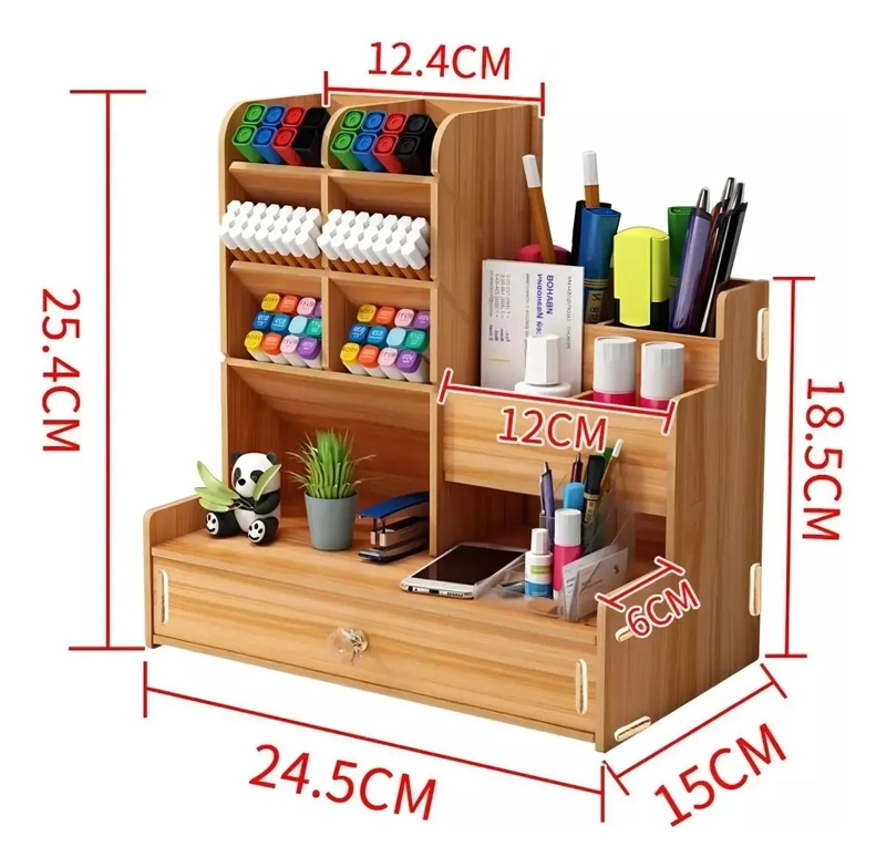ORGANIZADOR DE ESCRITORIO EN MADERA CON COMPARTIMENTOS MULTIPLES 26X25X15 CM - 5