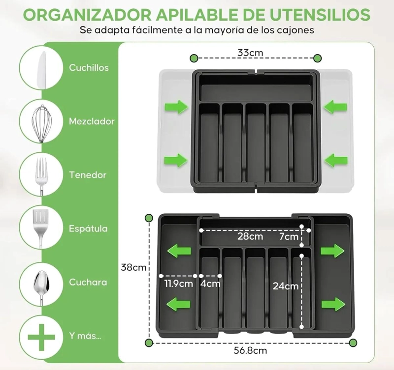 ORGANIZADOR PARA CUBIERTOS Y UTENSILIOS CON 8 COMPARTIMENTOS PARA CAJON - 2