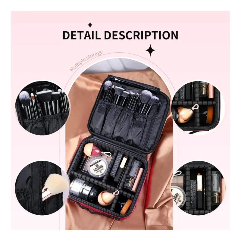 ORGANIZADOR DE MAQUILLAJE CON COMPARTIMENTOS MULTIPLES EN ROSA Y NEGRO - 4