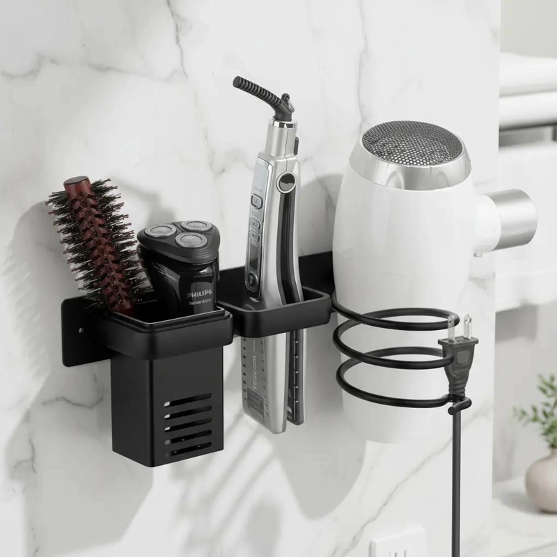 SOPORTE ORGANIZADOR PARA SECADOR DE CABELLO COLOR NEGRO PARA BAÑO - 2