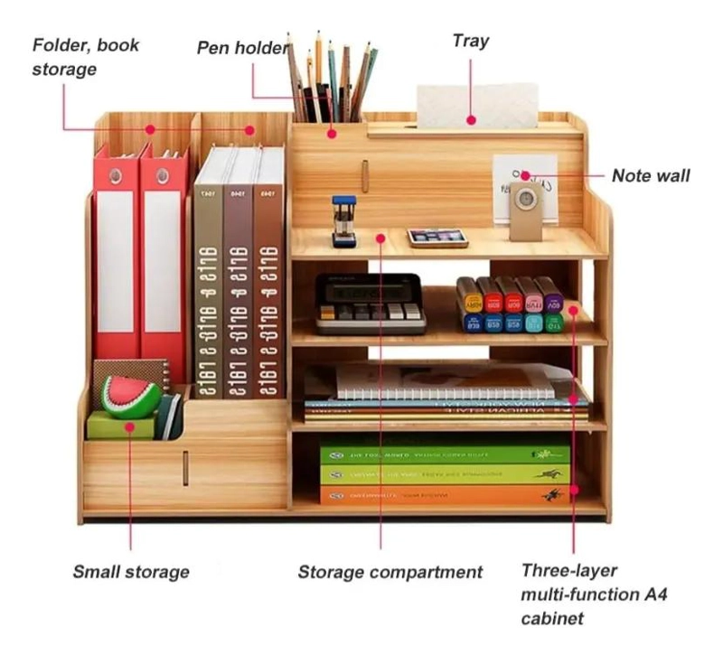 ORGANIZADOR DE ESCRITORIO DE MADERA CON COMPARTIMENTOS PARA OFICINA - 2