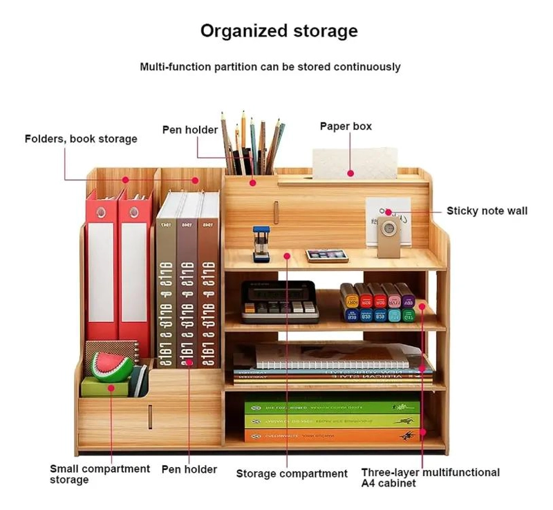 ORGANIZADOR DE ESCRITORIO DE MADERA CON COMPARTIMENTOS PARA OFICINA - 4