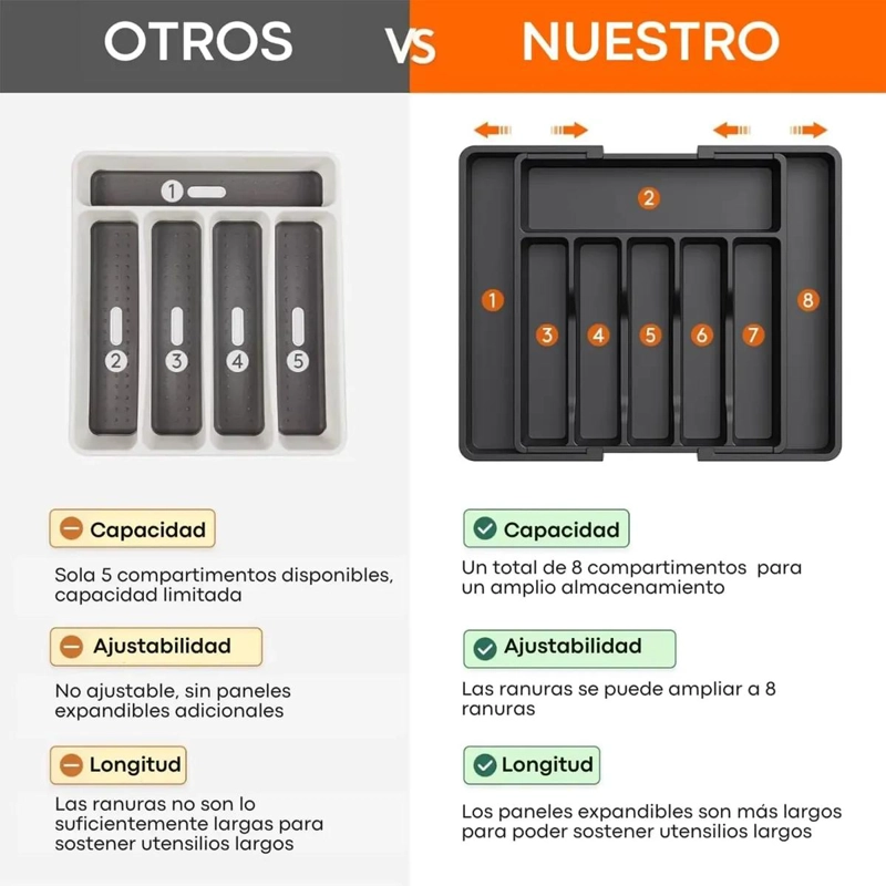 ORGANIZADOR DE CUBIERTOS AJUSTABLE CON 8 COMPARTIMIENTOS EXPANDIBLES - 2