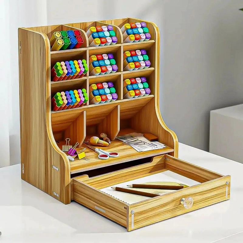 ORGANIZADOR DE ESCRITORIO DE MADERA CON CAJON Y 12 COMPARTIMENTOS - 1