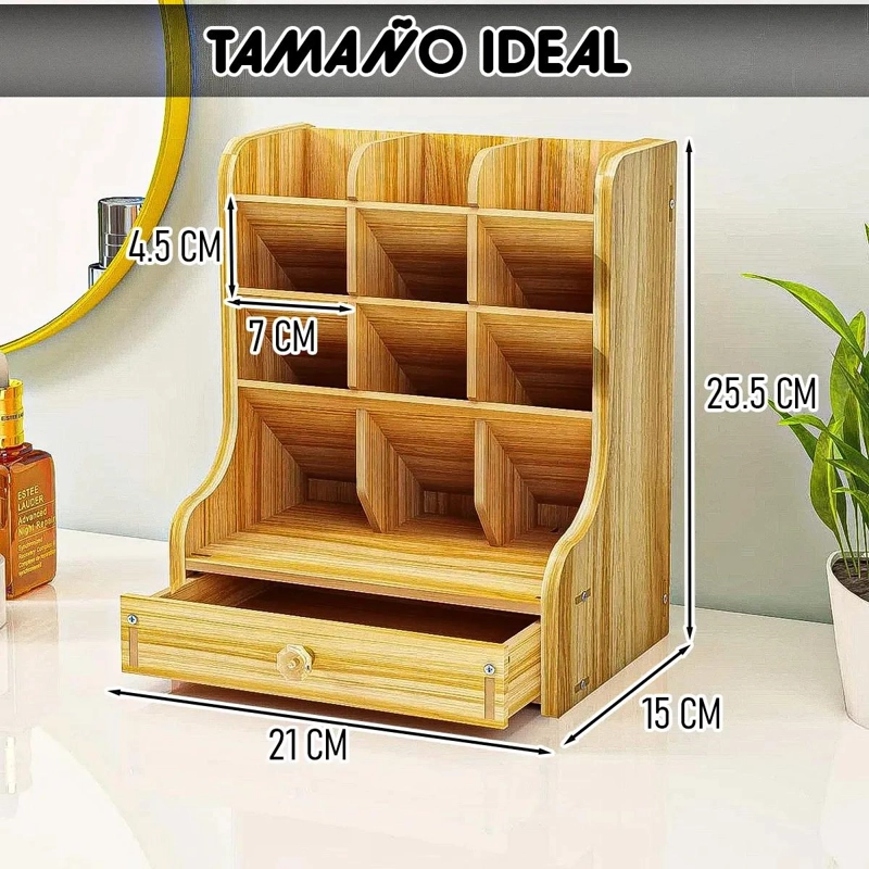 ORGANIZADOR DE ESCRITORIO DE MADERA CON CAJON Y 12 COMPARTIMENTOS - 2